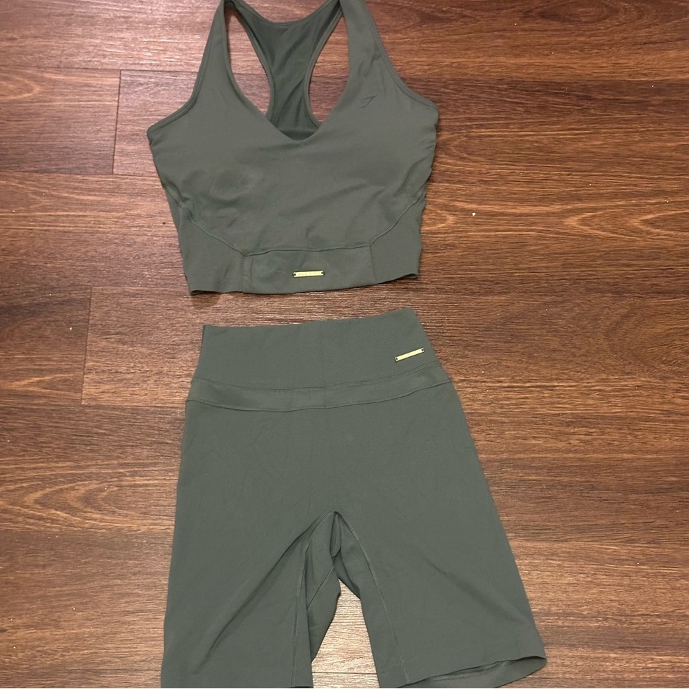 Gym shark x Whitney Simmons crop top and biker shorts in eucalyptus green